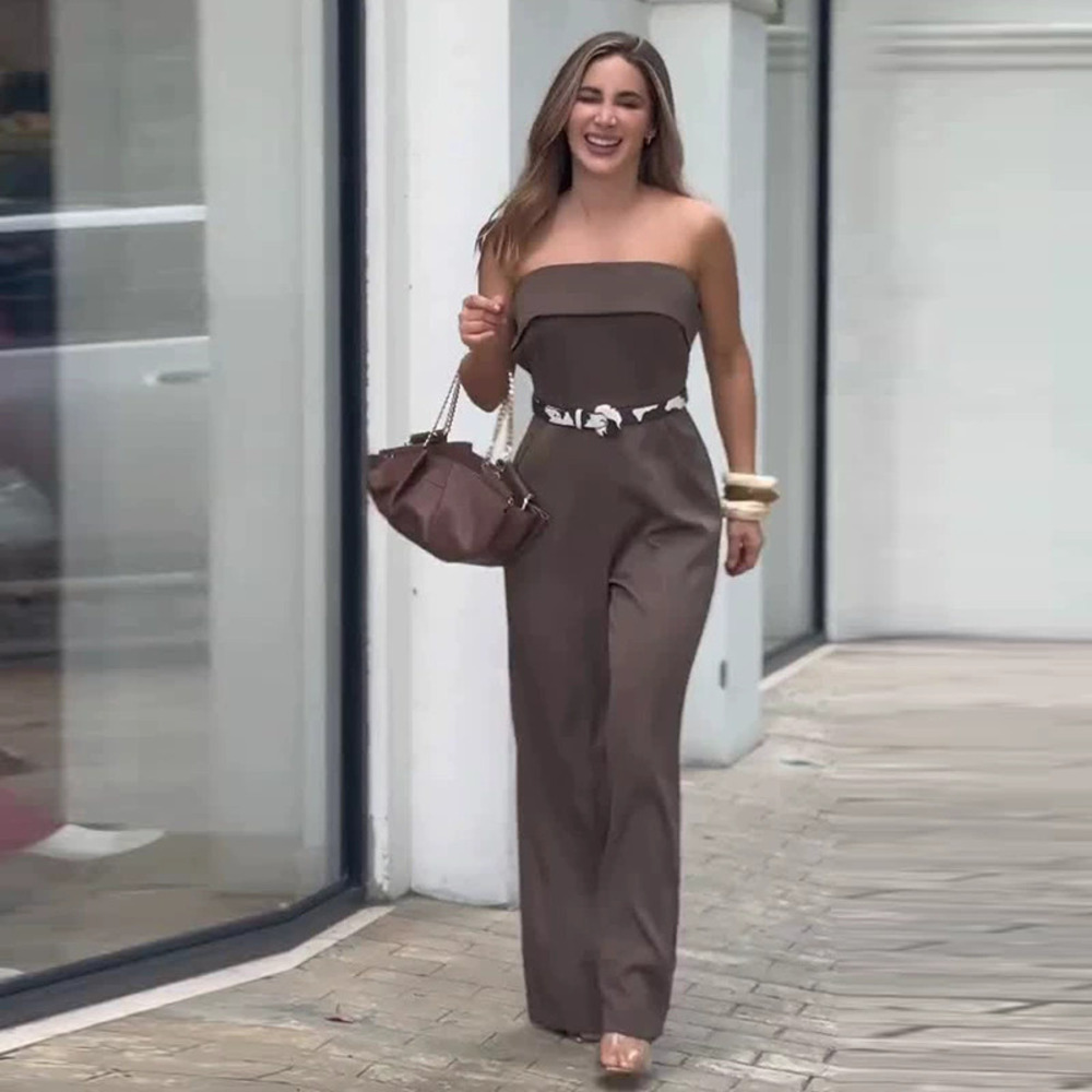 Forever 21 Khaki Strapless Jumpsuit Cinched Waist Simple Chic